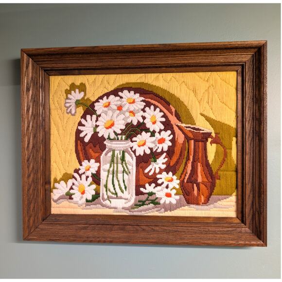 "Still Life with Daisies" Artcraft Concepts Finished Embroidered Framed 21 x 17 - Picture 1 of 5